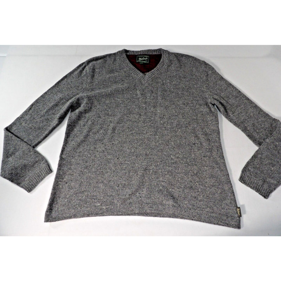 Woolrich Large Wool Sweater Gray V Neck Lambswool Gray Heather Fishermen Grandpa - Picture 1 of 11